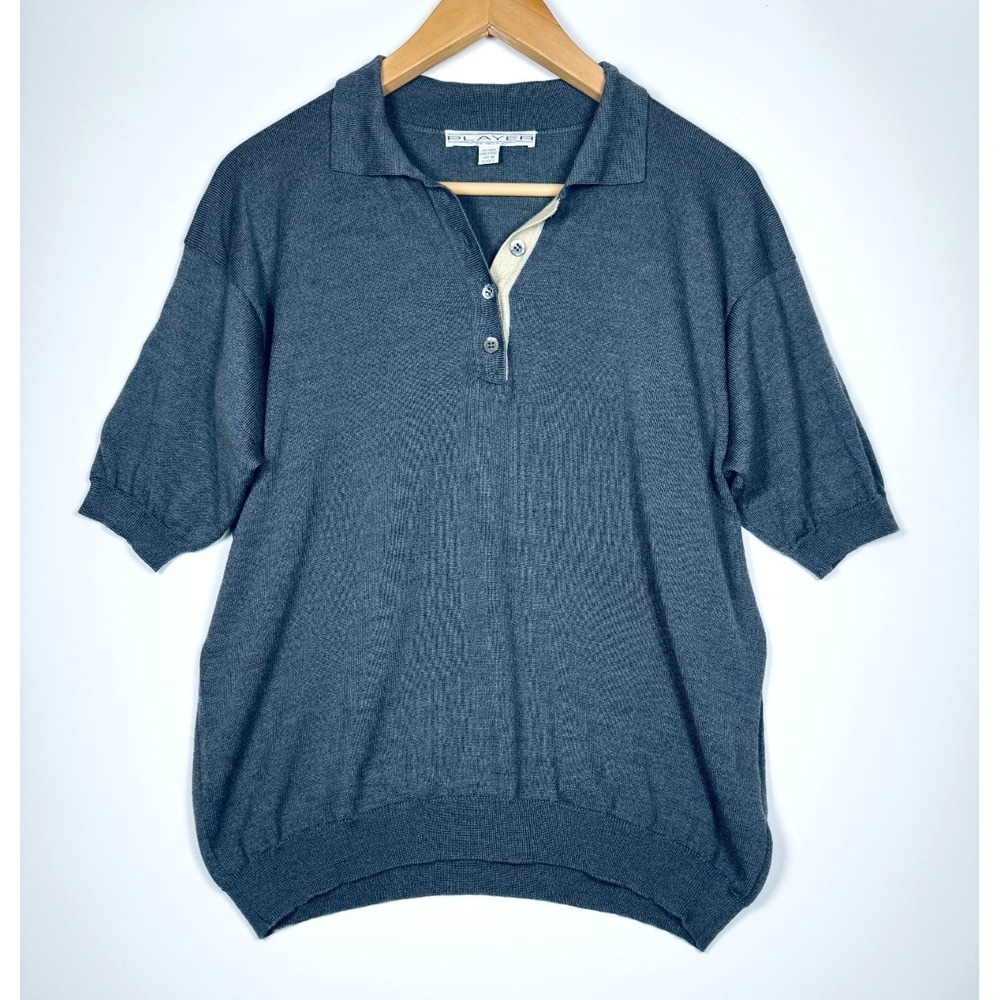 Vintage Player Wool Knit Polo Shirt Womens Large Gray Short Sleeve Made in Italy